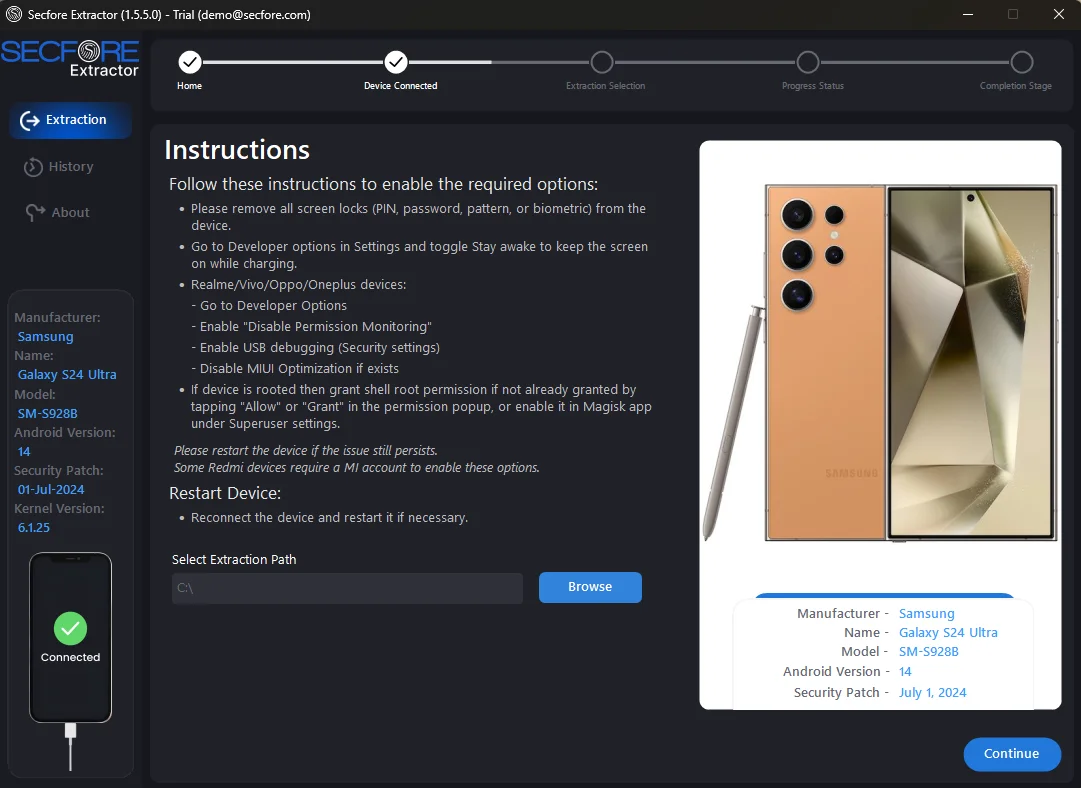 Extractor Device Connected Screenshot